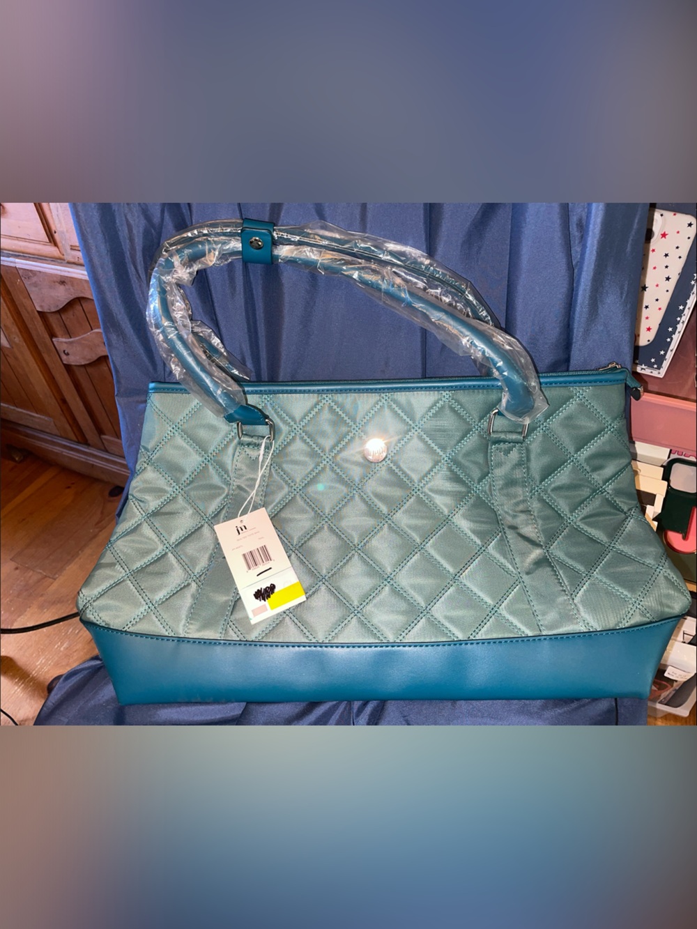 Jessica Moore Quilted Teal Tote Bag with Top Handles